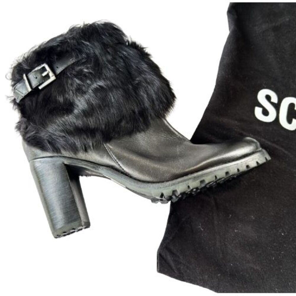 Schutz Women's Bootie Sz 7B Black Leather Fux Fur Block Heel Casual Ankle Boots